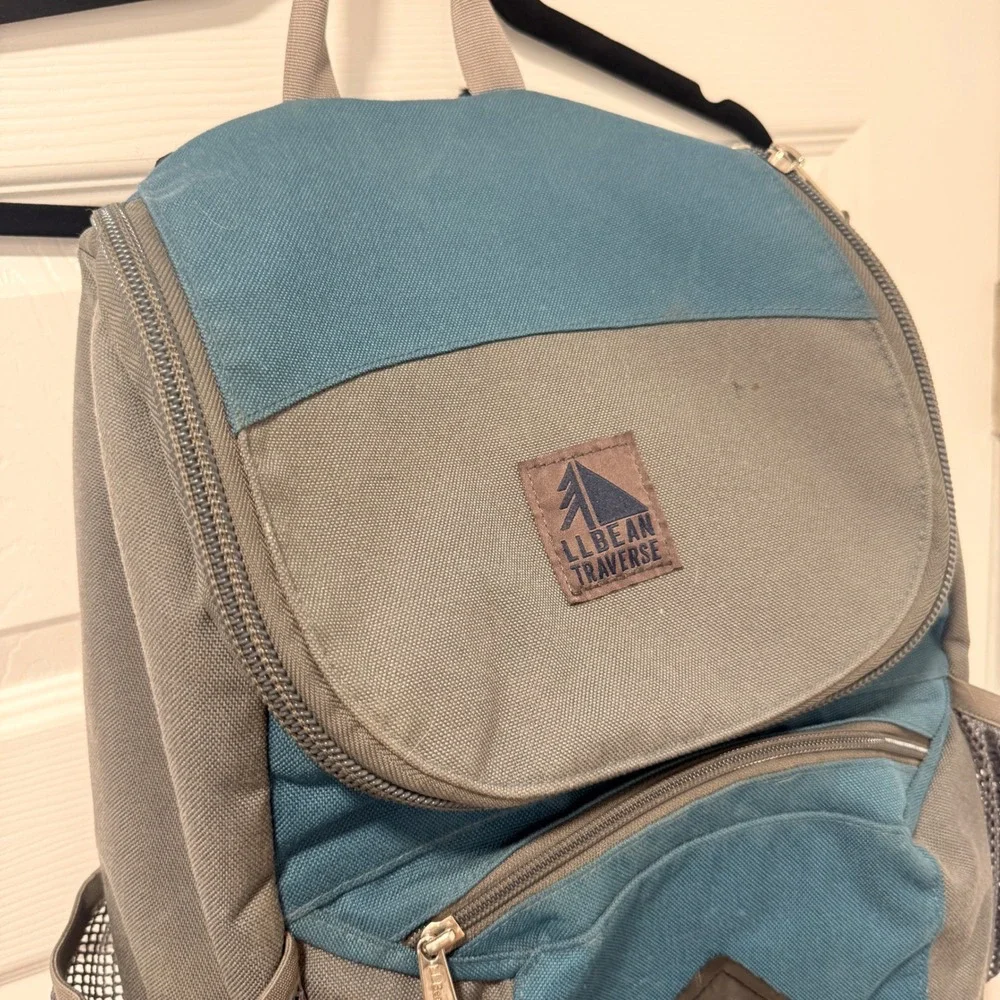LL Bean Traverse Backpack Blue Grey Colorblock Suede Bottom Hiking Bag 296964